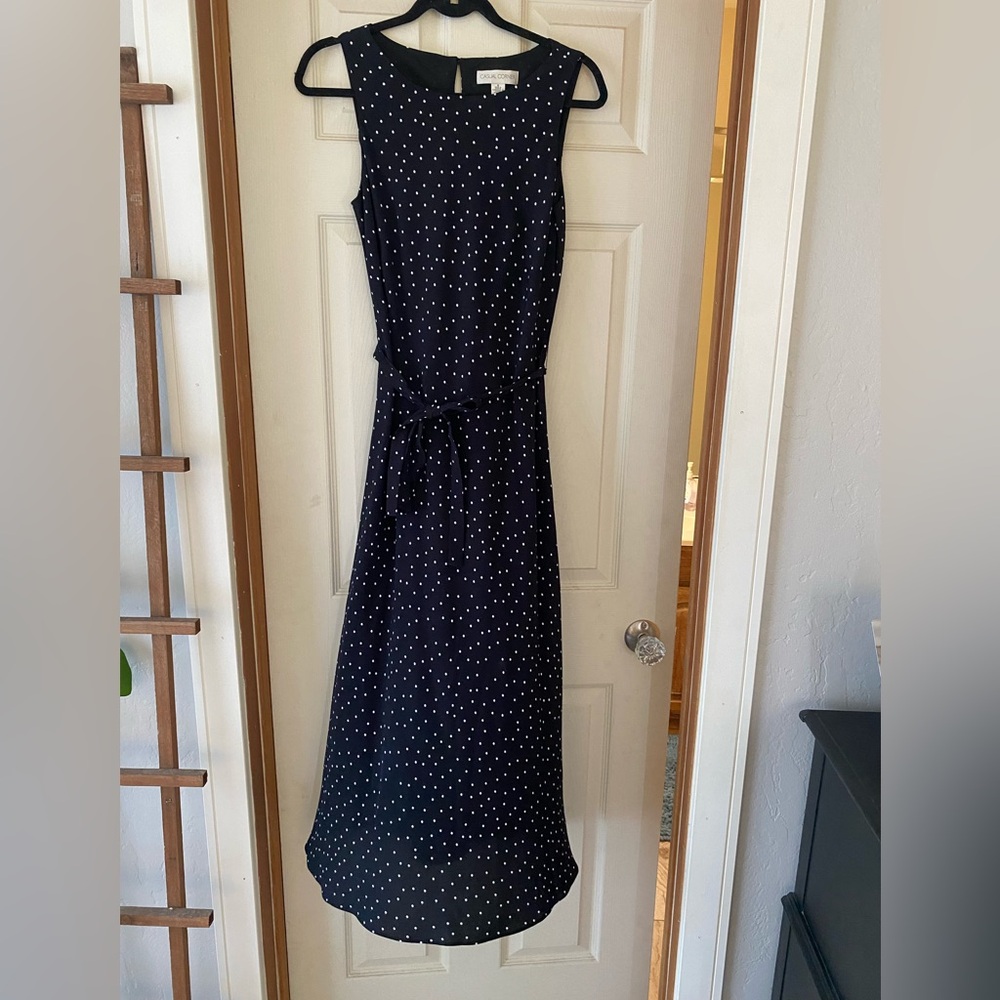 Accepting offers- Casual Corner Navy Dress with White Polka Dots and Tie Waist
